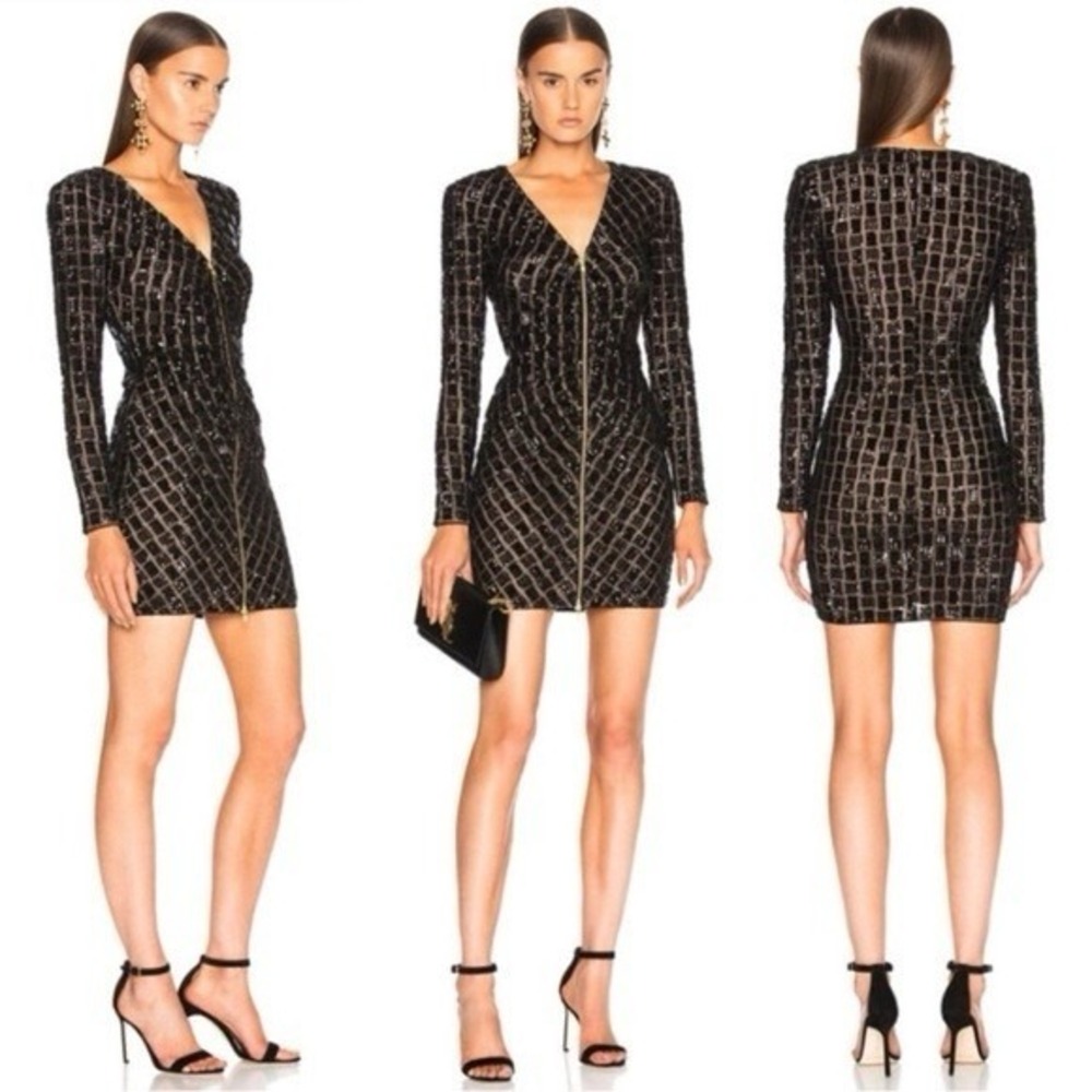 Self-Portrait Sequin V-Neck Zip Front Black Mini Dress Event Special Occasion‎ 8